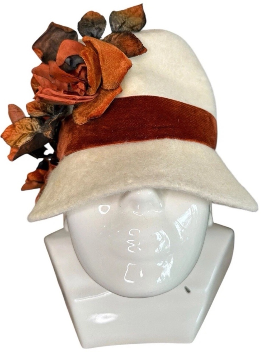 White Cloche Hat, Polar Pure Made In Italy Classic 20s Flapper Florals
